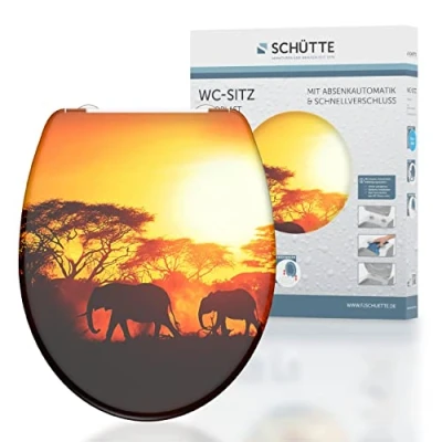 Imagen de SCHÜTTE 82360 Africa Asiento de inodoro Duroplast, con descenso automático y cierre rápido para una fácil limpieza, carga máxima 150 kg, diseño