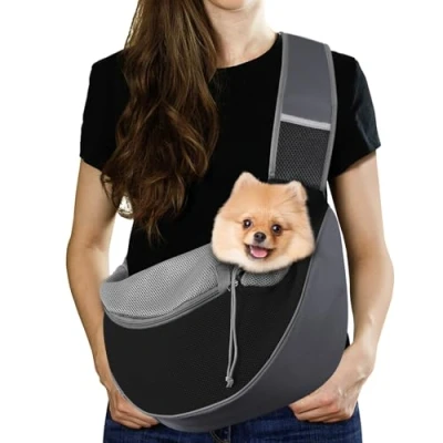 Imagen de Pawaboo Bolso Bandolera para Perros, Bolsa Portátil Mascotas con Correa Ajustable y Bolsillos, de Mensajero Transpirable Cómoda Cachorros Gatitos, L, Gris Oscuro + Negro