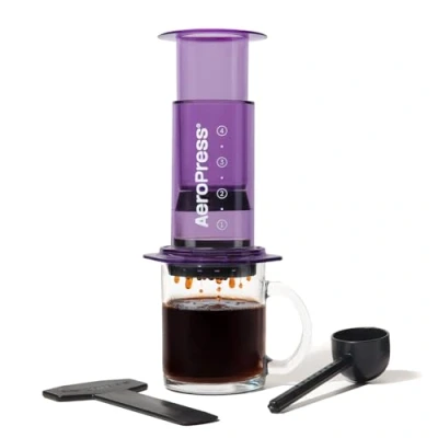 Imagen de AeroPress Clear Morada cafetera de Viaje Método 3 en 1 combina prensa francesa y espresso Café sin amargor ni residuos Pequeña portátil para camping viaje, Morado