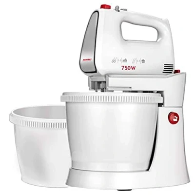 Imagen de MPM MMR 22Z Batidora Amasadora Repostería con 2 Boles Giratorios de 3 Litros, sin BPA, 5 Velocidades + Turbo, Varillas y Gancho Amasar Acero Inox, Blanco, 750W