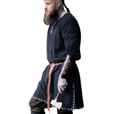 Imagen de Leonardo Carbone® túnica vikinga Erwin ropa medieval para hombre, camisa medieval, camisas de ocio manga larga, disfraz carnaval, vikinga, LARP 100% algodón, Negro , M
