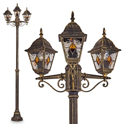 Imagen de lámpara de exterior Antibes, candelabro aspecto antiguo, aluminio fundido en marrón/oro con cristales, luz camino 3 brazos 225 cm, E27, jardín retro/vintage IP44, sin bombilla(s)