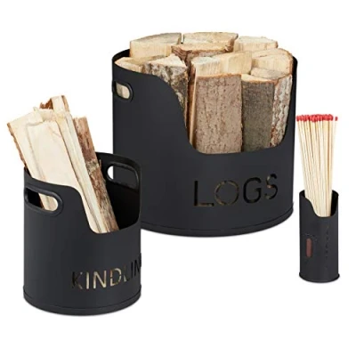 Imagen de Relaxdays Kit de 3 Cestos Leñeros Modernos, Soportes Leños y Cerillas, Accesorio para Chimeneas, 30,5 x 37 cm, Negro