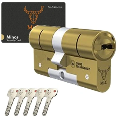 Imagen de M&amp;C Minos Bombín Cerradura Alta Seguridad Certificación Máxima SKG 3 Estrellas 32x32mm Anti Bumping Resistente Taladro Tecnología Suiza Color Dorado 5 Llaves Incluidas, Pequeña