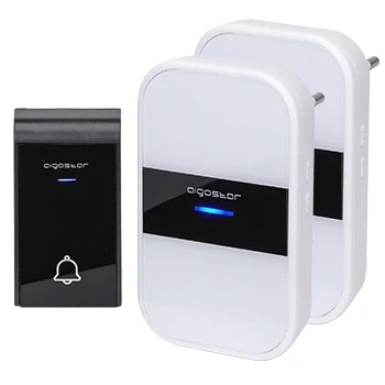 Imagen de Aigostar Timbre inalámbrico con 2 Receptores Enchufe, de Puerta Indicadores LED, Impermeable IP44 para Interior Y Exterior, 3 Niveles Volumen 36 Melodías, Blanco Negro