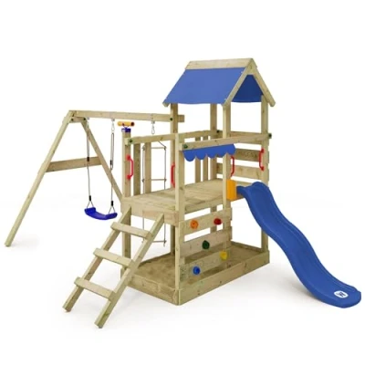 Imagen de Wickey Parque Infantil de Escalada TurboFlyer con Columpio y Tobogán Azul, Torre para Niños al Aire Libre Arenero, Escalera Accesorios Juego el Jardín