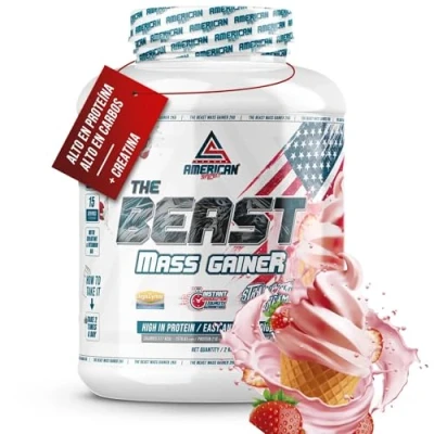 Imagen de AS American Suplement The Beast Mass Gainer 2 kg Fresa Contiene Creatina Monohidrato Ayuda a Subir de Peso Alto en Carbohidratos y Proteínas