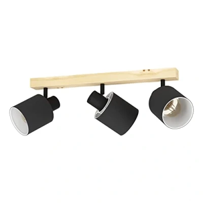 Imagen de Eglo Lámpara de techo BatallaS, 3 Llena Luz, Scandi, Foco Hecho madera, Textiles y Metal, sala estar dormitorio en Naturaleza, Negro, Blanco, Puntos con E27 Versión