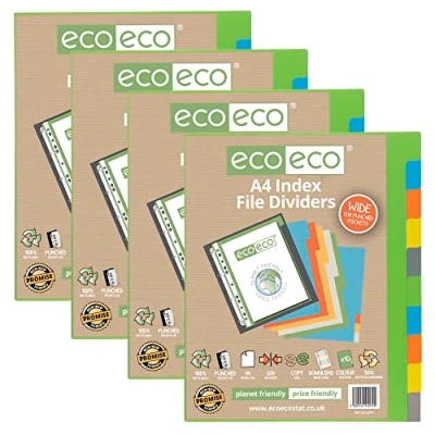 Imagen de eco Juego de 4 separadores archivos, tamaño A4, 50% reciclados, multiperforados, 10 unidades, índice extra ancho, 200 g/m²