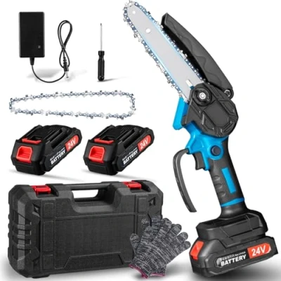 Imagen de Mini Motosierra Batería, de Mano 6 Pulgadas, Inalámbrica Portátil 21V, con Cadena, Bloqueo Seguridad y Batería 2 * 2000mAh, para Podar Árboles Jardinería