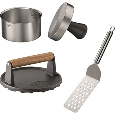 Imagen de Rösle Set de 3 Piezas para Hamburguesas A La Barbacoa, Juego con Prensa Pro Hamburguesas, Peso Barbacoa y Volteador Acero Inoxidable 18/10, Hierro Fundido Esmaltado