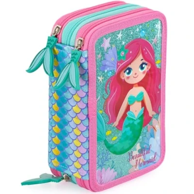 Imagen de Plumier Triple 45 Piezas Estuche Escolar Completo con Bolígrafos Gel Borrables, Lápices 4.0 mm, Rotuladores, Tijeras, Pegamento Ideal Primaria y Regalo niña Sirena Brillante Julian Ross