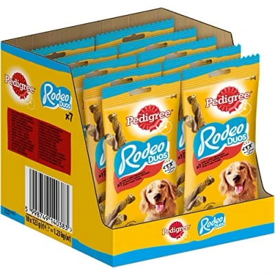 Imagen de Pedigree Rodeo Duos Recompensas de Carne y Sabor Queso para Perro, Paquete 10 bolsitas 7 golosinas (10 x 123 g)