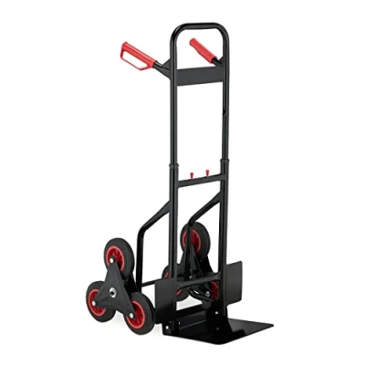 Imagen de Relaxdays Carretilla Escaleras, Carro Transporte Plegable, máx.200 kg, Ruedas Goma Maciza, Altura Regulable, Negro/Rojo, Tablero de Fibras, 113 x 48,5 66 cm