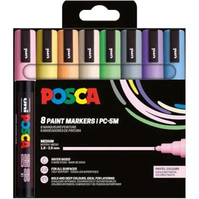 Imagen de Uni Ball 182556 POSCA Marker Set, 8 rotuladores acrílicos pastel PC 5M, rotulador permanente 1,8 2,5 mm punta redonda