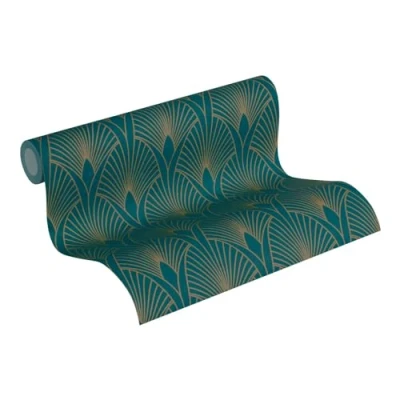 Imagen de Papel pintado Art Deco New Walls 50&#039;s Glam A.S. Création tejido no 10.05 m x 0.53 Azul Oro Verde Fabricado en Alemania 374275 37427 5