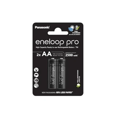 Imagen de eneloop Pro, Pilas Recargables AA/Mignon, Paquete de 2, Capacidad mín. 2500 mAh, Ni MH, Listas para Usar, hasta 500 Veces, Embalaje sin plástico, Negras
