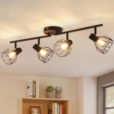 Imagen de ANWIO Lámpara Techo Focos, 4 Focos Led Interior Base E14, Apliques Negro con Rectangular, Giratorios Plafón Foco de LED(Sin Bombillas).