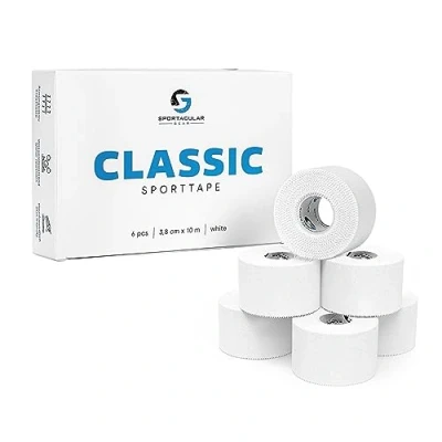 Imagen de Sportacular Gear Sporttape Classic Cinta adhesiva deportiva 3,8 cm x 10 m, varios colores y cantidades, rígida, no elástica, impermeable, hipoalergénica, algodón (6 rollos, blanco)