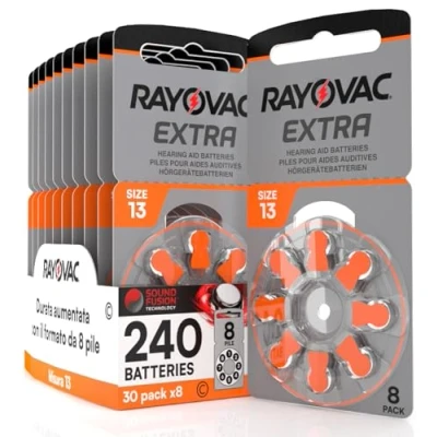 Imagen de 240 baterías para aparatos acústicos Rayovac Extra 13. Tecnología Sound Fusion 30 blísteres de 8 Pilas