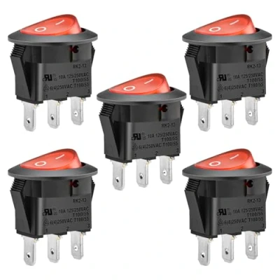 Imagen de Heschen Interruptor basculante redondo rojo ON OFF SPST 3 terminales 10 A 250 VAC UL VDE 5 unidades