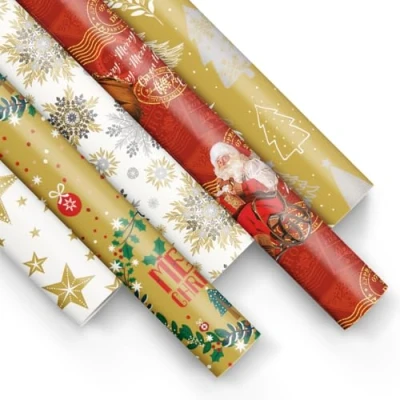 Imagen de PAW Papel de regalo 200x70cm 5 rollos Mezcla diseños Elegante para Envolver Regalos Navidad, Invierno, Regalos, Cumpleaños Navidad dorada, Papá Noel
