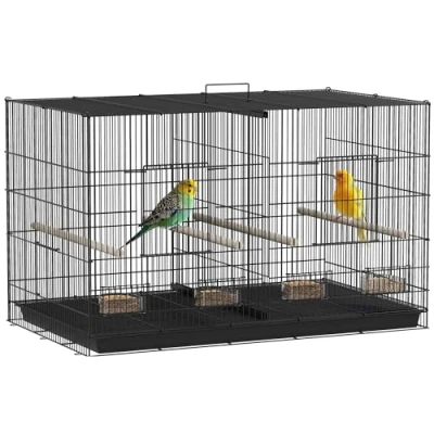 Imagen de PawHut Jaula para Pájaros con Divisor Mascota Aves Loros Canarios Pajarera Comederos Perchas y Bandeja Extraíble 94x57x57 cm Negro