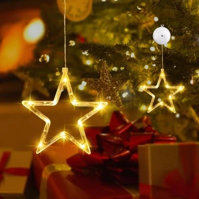 Imagen de Cortina Luces Navidad,Cortina de con Estrella a Pilas,10 LED Ventana,Blanco Calido,Luces Decoración para Interior Exterior Navidad Fiesta (2pcs)