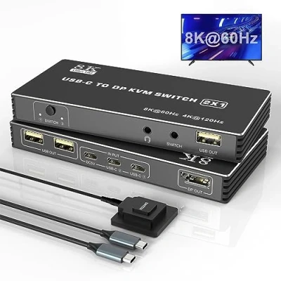 Imagen de conmutador KVM USB C 8K@60Hz 4K @120Hz, 2 puertos tipo Switch para ordenadores, 1 monitor DisplayPort, con 3 dispositivos 2.0 y micrófono de audio,