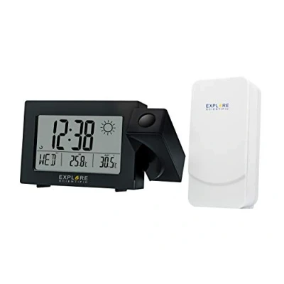 Imagen de EXPLORE SCIENTIFIC RPW 3008 Reloj controlado por radio, temperatura interior y exterior, proyección de tiempo con cabezal giratorio, color negro