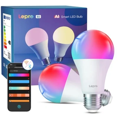 Imagen de Lepro B2 AI Bombilla LED Inteligente, E27 WiFi 10W 1100LM Regulable RGB LLM, Compatible con Alexa y Google Home, Control por Voz/APP, Sync de Música, Iluminación Generada AI, 4Pcs