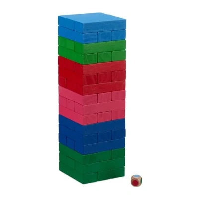 Imagen de Relaxdays Juego Torre de Madera, 48 Bloques para Apilar con Dado, Diseño 6 Colores, 24,5 x 7,5 cm, Multicolor