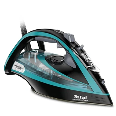 Imagen de Tefal Plancha de vapor Ultimate Pure FV9844, 3200 W, filtro microcalco, suela Durilium Airglide Autoclean, apagado automático, 0,35 litros, 31,6 x 15,1 16,3 cm, negro/azul