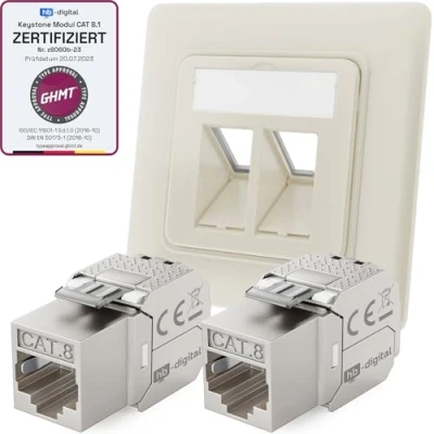 Imagen de hb digital 2 puertos CAT 8 RAL9010 + x GHMT certificado Keystone RJ45 módulo LAN Ethernet enchufe hembra máx. 40 Gbps STP Blanco puro