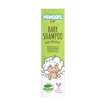 Imagen de Minoris Baby Hair &amp; Body Shampoo, Organic, Mineral Vegan Content, Hipoalergénico, Prevents Cradle Cap, Lágrimas, Sin Sulfato, Harmful Chemical Free 400 ml