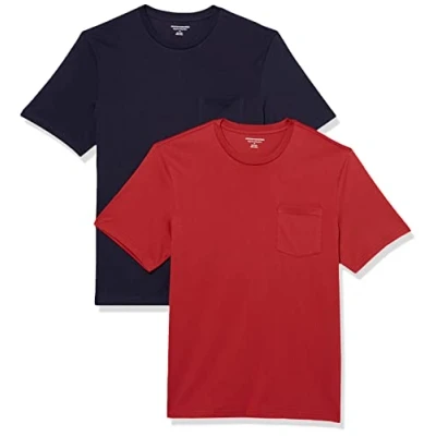 Imagen de Amazon Essentials Camiseta de Manga Corta con Bolsillo, Cuello Redondo y Corte Recto Hombre, Pack 2, Azul Marino/Rojo Oscuro, L