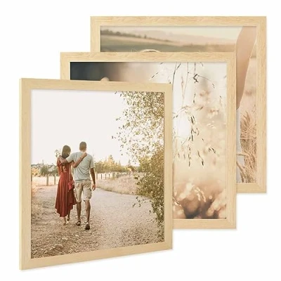 Imagen de PHOTOLINI Marco 40x40 cm madera MDF pino, set de 3 marcos anchos, moderno, cristal acrílico sólido, para colgar, accesorios adicionales una decoración elegante su pared