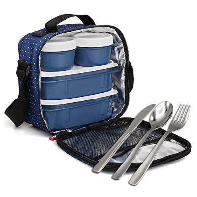 Imagen de PracticFood Kit Urban Food Negro Cubiertos Bolsa térmica porta alimentos. Dots Azul