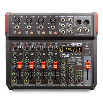 Imagen de Vonyx VM KG08 Consola de mezclas 8 canales Con Bluetooth, reproductor MP3, interfaz audio USB, procesador sonido, alimentación fantasma, pantalla LED, ideal para bares y locales pequeños