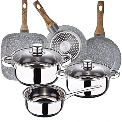 Imagen de Bateria de cocina SAN IGNACIO Cassel, acero inoxidable, con juego sartenes (18/22 cm) y grill 28x28 cm Daimiel en aluminio forjado
