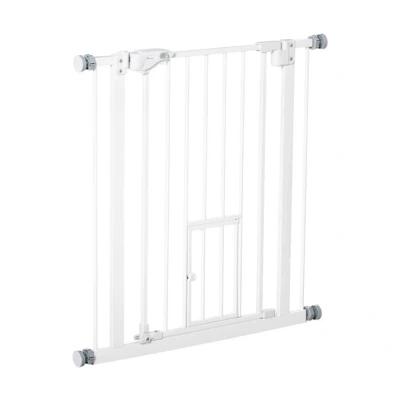 Imagen de PawHut Barrera de Seguridad para Perros Mascotas Extensible con Puerta Pequeño Cierre Automático y Sistema Doble Bloqueo Pasillo Escalera 74 80x76,2 cm Blanco