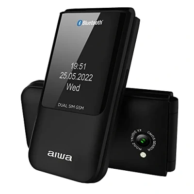 Imagen de Aiwa FP 24BK: Teléfono Móvil Senior con Doble Pantalla, Dual SIM, Conexión Bluetooth, 32MB RAM + 32 MB ROM, microSD, diseño Slim, Base de Carga, multilingüe, Negro