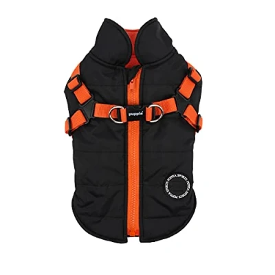 Imagen de Puppia Abrigo Perros pequeños y medianos Impermeable Forrado con Forro Polar para un Calor Agradable arnés, Negro Naranja, S, PAPD VT1366 BO S