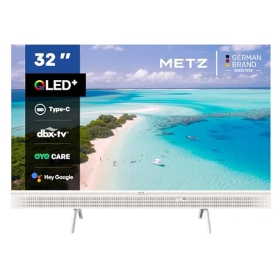 Imagen de Metz 32 Pulgadas Smart TV QLED Portátil, 32MQE7100Z Google Television, HD, HDR10, 2x10W Potentes Altavoces Frontales, DBX, Dolby Audio, USB C, Chromecast, Trabajar con Assistant, Blanco, 80cm