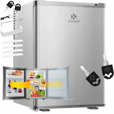 Imagen de KESSER® Mini nevera con cerradura y llave, minibar 40 litros de capacidad útil, Frigorífico 22dB, cambio sentido apertura puerta, 4 16C altura 57cm, iluminación Refrigerador plateado
