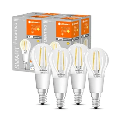Imagen de LEDVANCE Bombilla LED inteligente con tecnología Wifi, casquillo E14, regulable, blanco cálido (2700K), forma de gota, filamento transparente controlable Alexa, Google y App, paquete 4