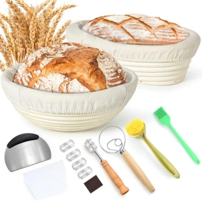 Imagen de Votoko Cesta de Fermentación para Pan, Banneton 25cm Ovalada y 23cm Redondo, Banetones Brotform Cuenco Ratán Natural Pan Masa, Raspador Batidora Danesa, Cuchillo