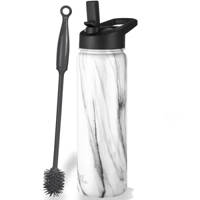 Imagen de Milu Botella de Agua, 500ml, 750ml, 1000ml (+3 Tapas) Acero Inoxidable, Libre BPA, Para Bebidas Calientes, Frías y Carbonatadas (Mármol, 500ml)