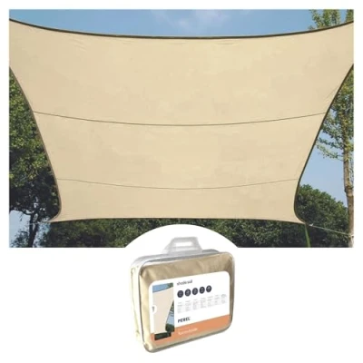 Imagen de Perel Toldo de Sombra, Repelente al Agua, bloquea hasta el 90% los Rayos UV dañinos, 4 Anillos O Acero Inoxidable, 3,6 x m, 160 g/m², poliéster, Cuadrado, Crema