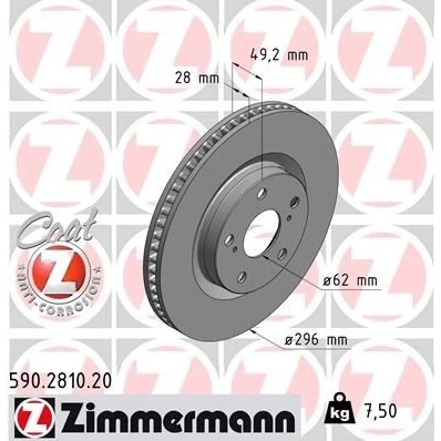 Imagen de ZIMMERMANN COAT Z 590.2810.20 Disco de freno 296 28 7/5 5 114 ventilación interna revestido TOYOTA: RAV4 III SUV, Auris Hatchback, IV SUV